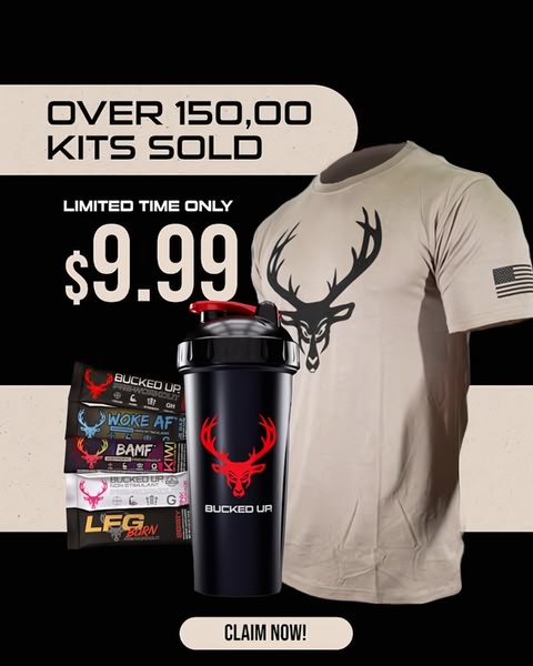 A direct-response social media ad showcasing a bundle of pre-workout supplement products, a shaker cup, and a t-shirt at an aggressive entry-level price point.